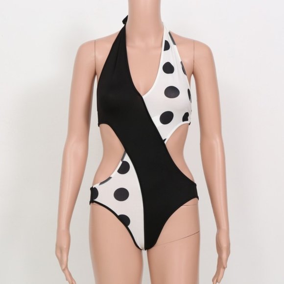 NEW Black White Polka Dot One Piece Bathing Suit - Picture 3 of 5